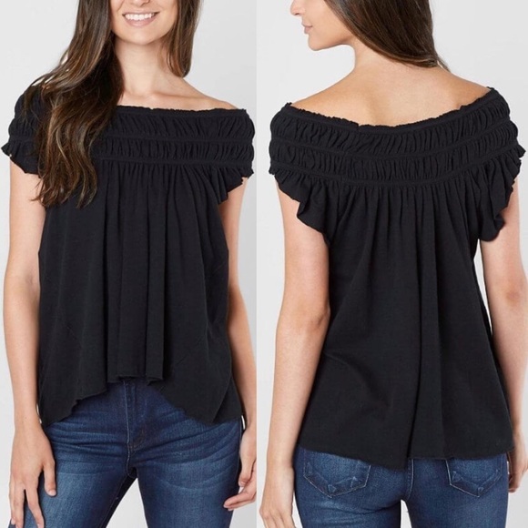 Free People Black Coconut Ruffle Off Shoulder Off the Shoulder Top Womens Small - Picture 1 of 5